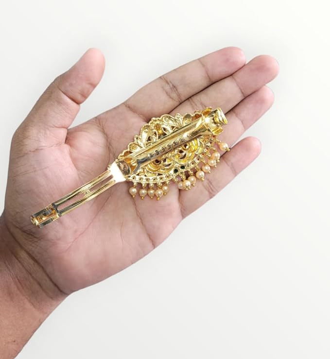 Gold Antique Finish Traditional Temple Design Hair Clip Barrette For Women and Girl Bridal Wedding (Design 04, Gold Glossy)