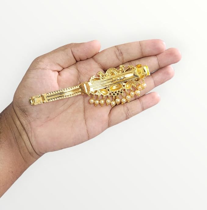 Gold Antique Finish Traditional Temple Design Hair Clip Barrette For Women and Girl Bridal Wedding (Design 01, Gold Antique)