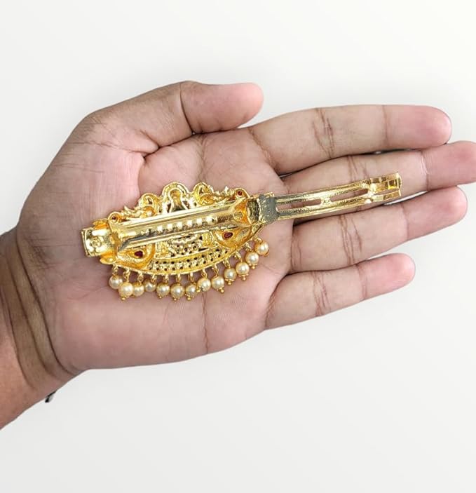 Gold Antique Finish Traditional Temple Design Hair Clip Barrette For Women and Girl Bridal Wedding (Design 05, Gold Antique)