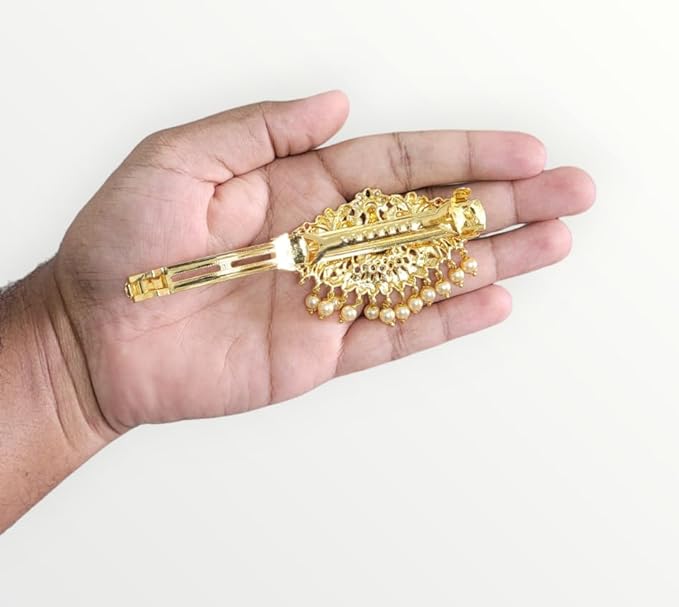 Gold Antique Finish Traditional Temple Design Hair Clip Barrette For Women and Girl Bridal Wedding (Design 03, Gold Glossy)