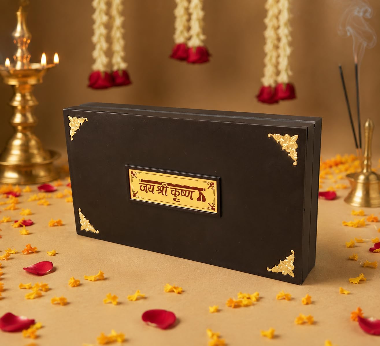 Radha Krishna Gold Plated Photo Frame with Charan Paduka Pocket Temple