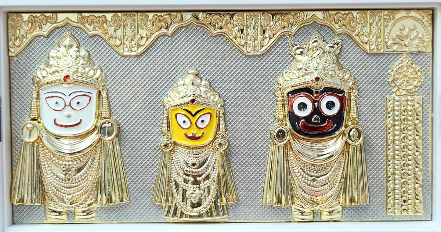 Lord Jagannath Balabhadra Subhadra Gold Plated Photo Frame with Charan Paduka Pocket Temple
