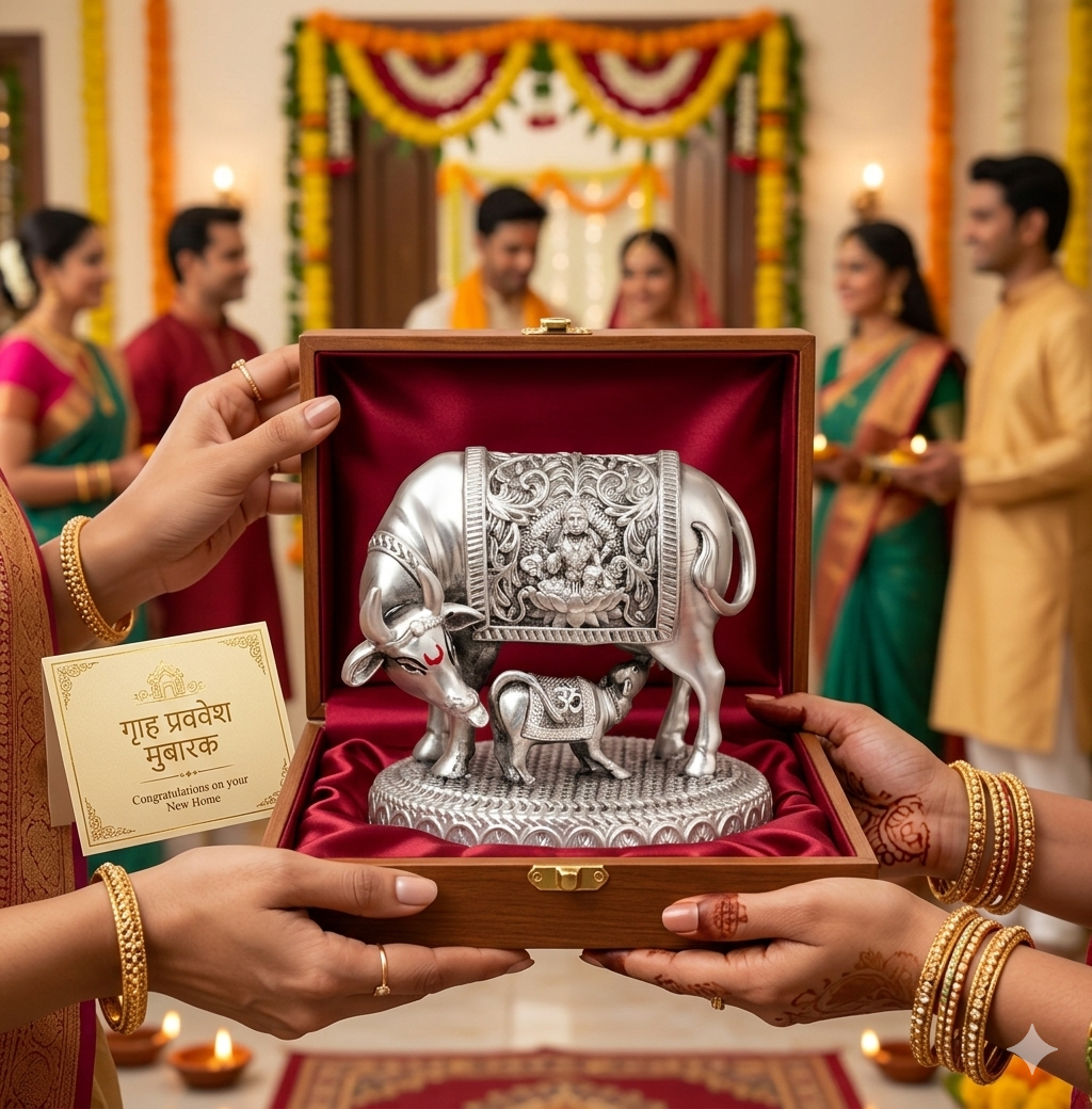 999 Silver Antique Vastu Kamdhenu Cow with Calf Idol