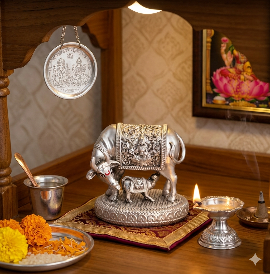 999 Silver Antique Vastu Kamdhenu Cow with Calf Idol