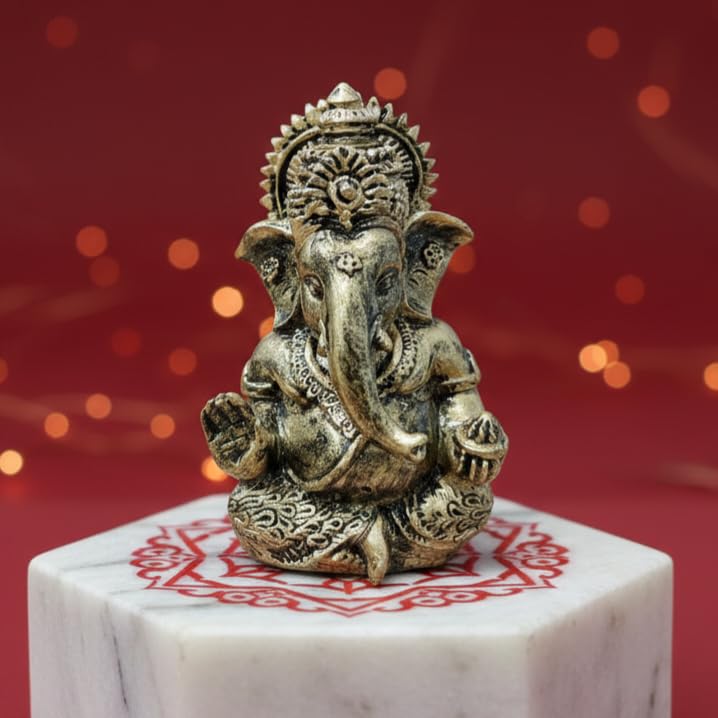 Ganpati Idol | Ganesha Statue | Ganesh Murti for Office Desk, & Ganpati Idol for Car Dashboard | Gifting | Pooja Return Gifts 3.5 Inch (Ganesha Gold Antique)