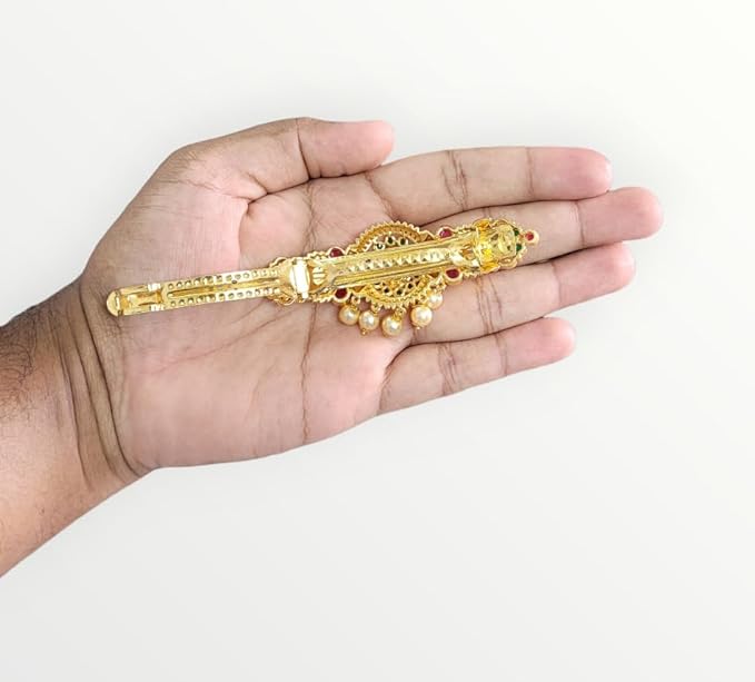 Gold Antique Finish Traditional Temple Design Hair Clip Barrette For Women and Girl Bridal Wedding (Design 07, Gold Antique)