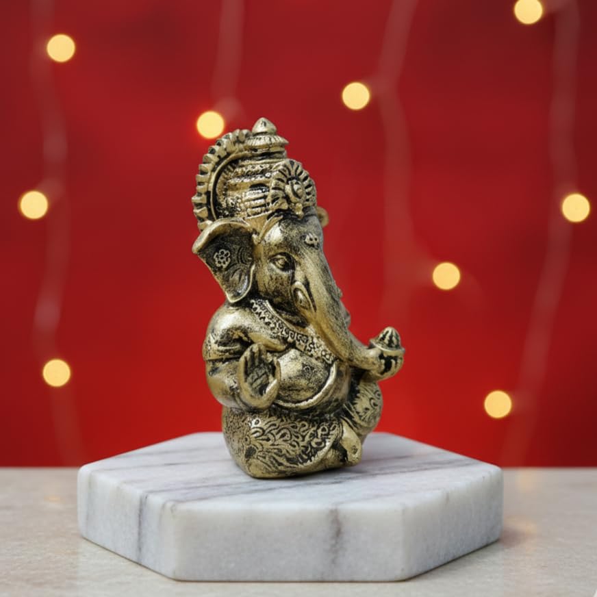 Ganpati Idol | Ganesha Statue | Ganesh Murti for Office Desk, & Ganpati Idol for Car Dashboard | Gifting | Pooja Return Gifts 3.5 Inch (Ganesha Gold Antique)