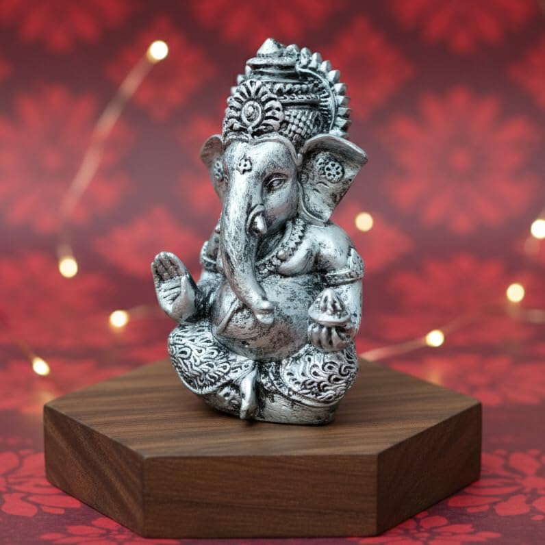 Ganpati Idol | Ganesha Statue | Ganesh Murti for Office Desk, & Ganpati Idol for Car Dashboard | Gifting | Pooja Return Gifts 3.5 Inch(Ganesha Silver Antique)