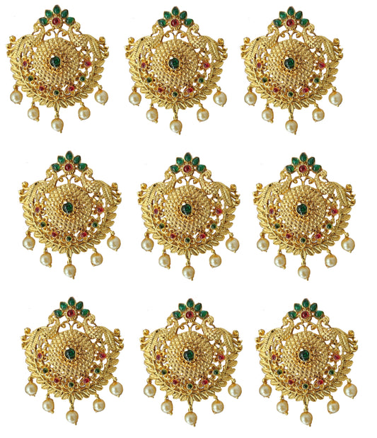 Gold Plated Antique Hair Jewellery (9 Pcs Red Green)