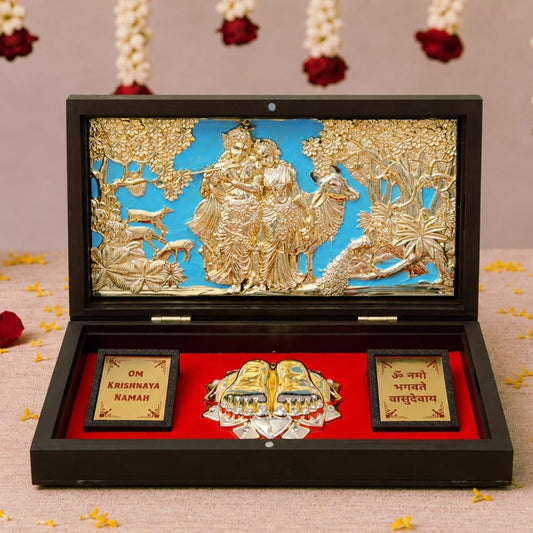 Radha Krishna Gold Plated Photo Frame with Charan Paduka Pocket Temple