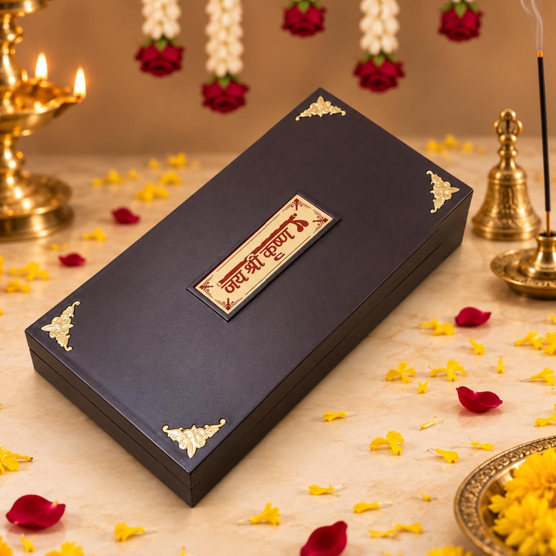 Radha Krishna Gold Plated Photo Frame with Charan Paduka Pocket Temple