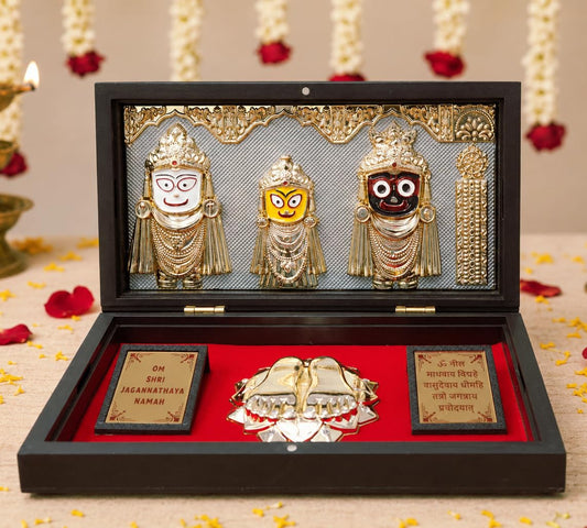 Lord Jagannath Balabhadra Subhadra Gold Plated Photo Frame with Charan Paduka Pocket Temple
