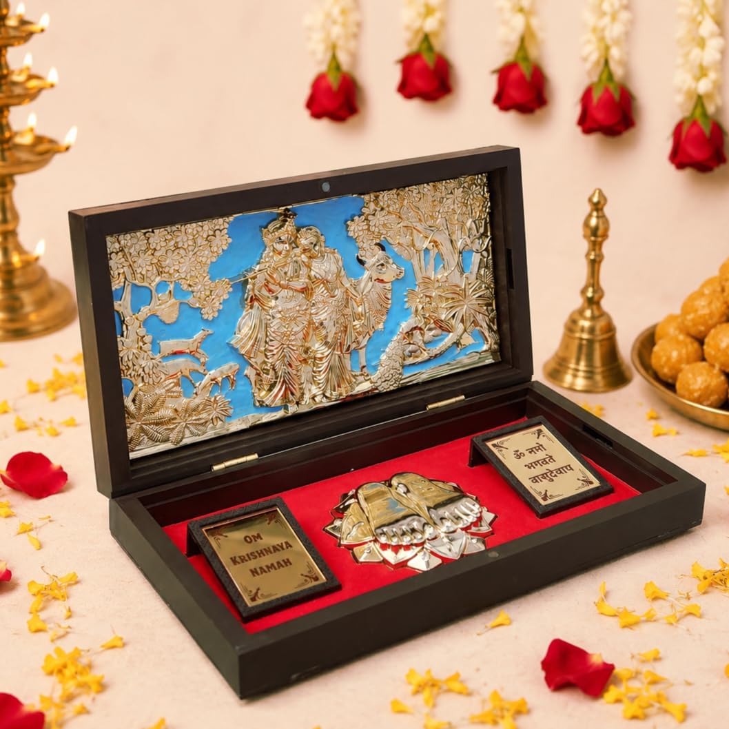 Radha Krishna Gold Plated Photo Frame with Charan Paduka Pocket Temple