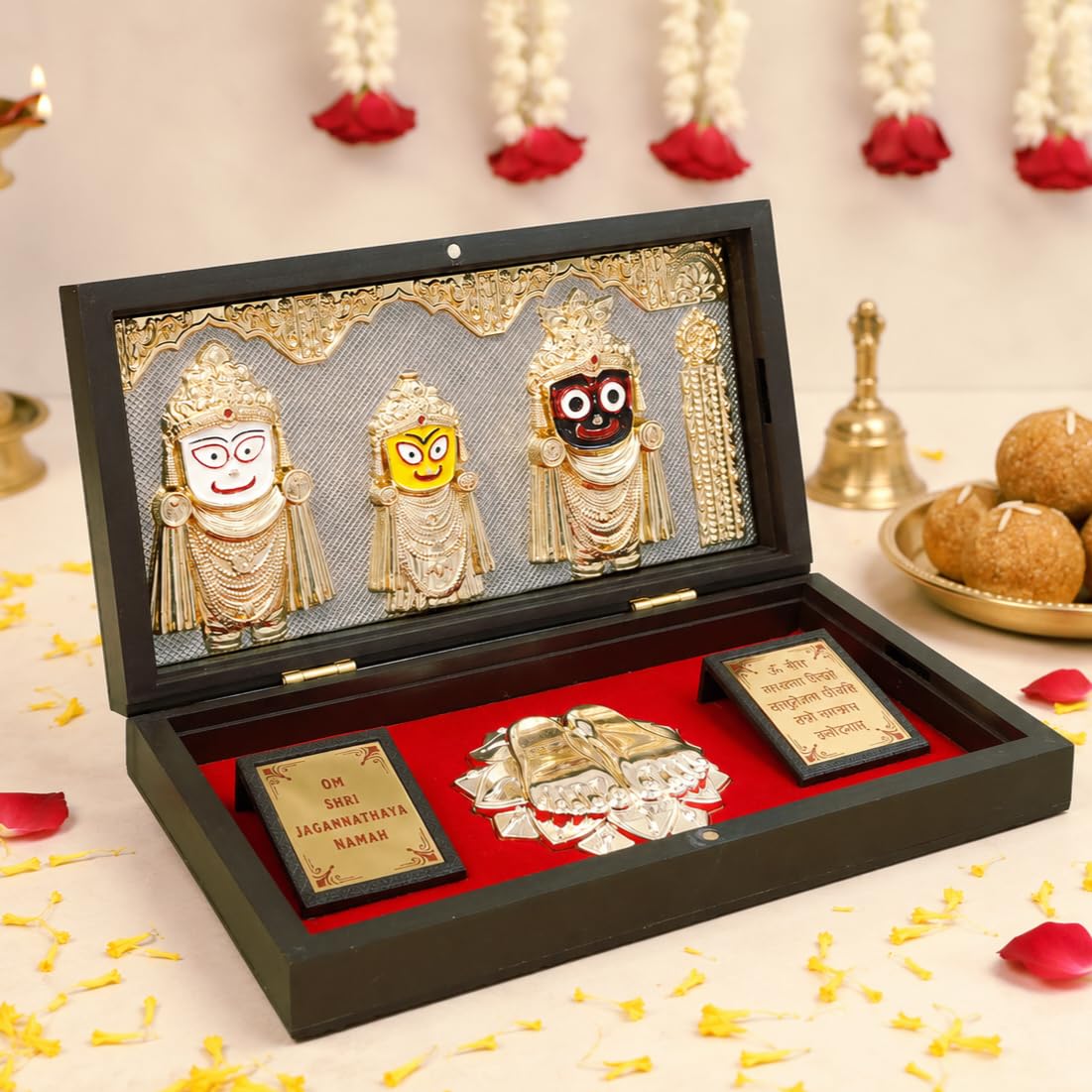 Lord Jagannath Balabhadra Subhadra Gold Plated Photo Frame with Charan Paduka Pocket Temple