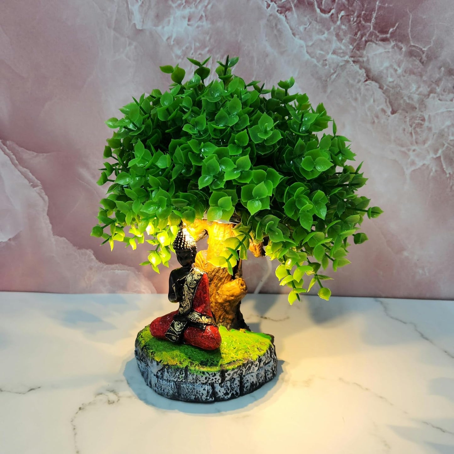 Resin Buddha Idol | Murti with Vatvruksha Tree with Led Light Perfect for Home Decor | Pooja Room | Tabletop Multi | House Warming Gifts (Buddha 3.5 inch, 8 INCH)