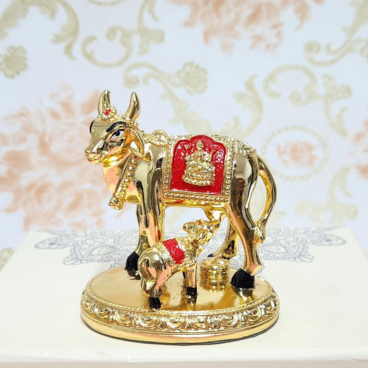 24K Gold Plated Vastu Kamdhenu Cow with Calf Idol