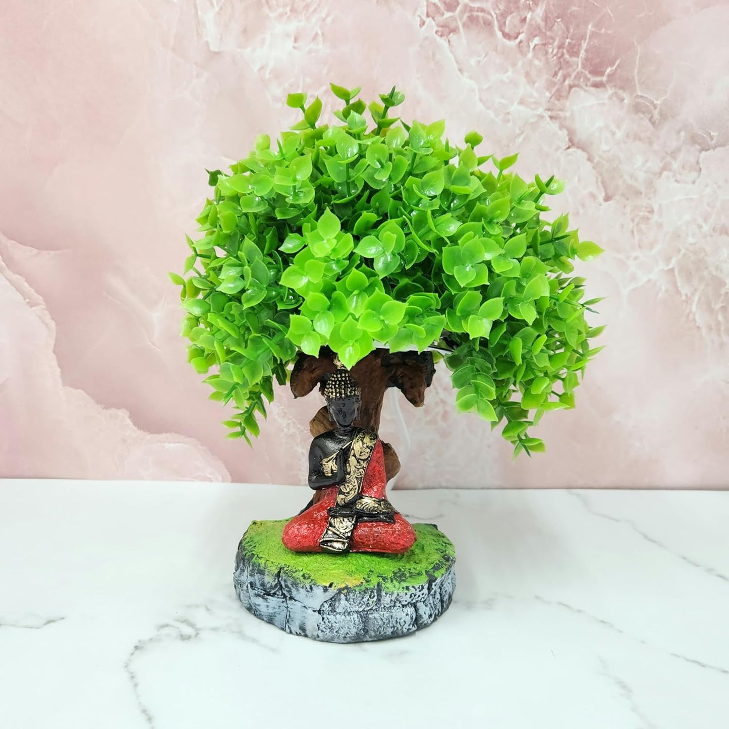 Resin Buddha Idol | Murti with Vatvruksha Tree with Led Light Perfect for Home Decor | Pooja Room | Tabletop Multi | House Warming Gifts (Buddha 3.5 inch, 8 INCH)