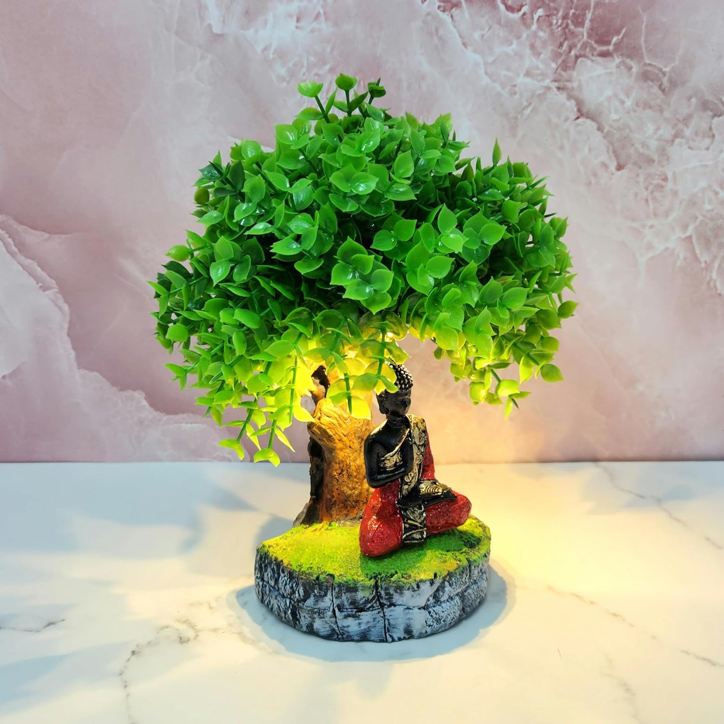 Resin Buddha Idol | Murti with Vatvruksha Tree with Led Light Perfect for Home Decor | Pooja Room | Tabletop Multi | House Warming Gifts (Buddha 3.5 inch, 8 INCH)