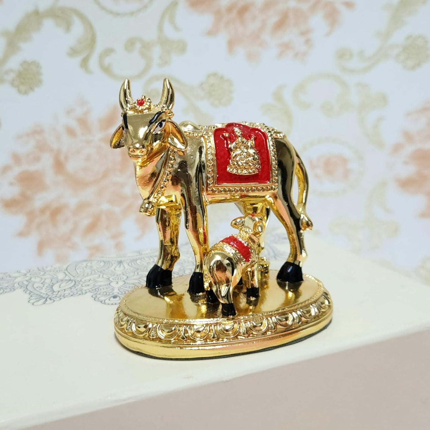 24K Gold Plated Vastu Kamdhenu Cow with Calf Idol