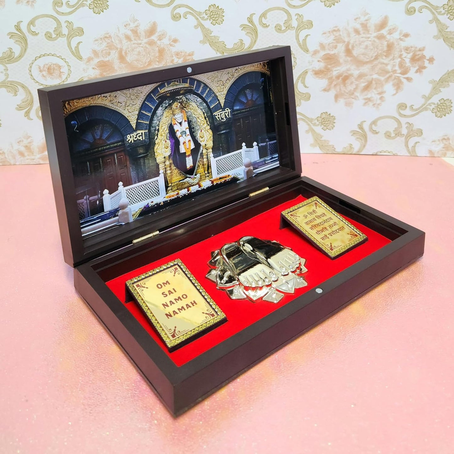 Shirdi Sai Baba Photo Frame with Charan Paduka Pocket Temple