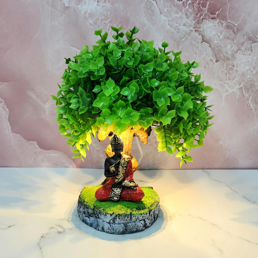Resin Buddha Idol | Murti with Vatvruksha Tree with Led Light Perfect for Home Decor | Pooja Room | Tabletop Multi | House Warming Gifts (Buddha 3.5 inch, 8 INCH)
