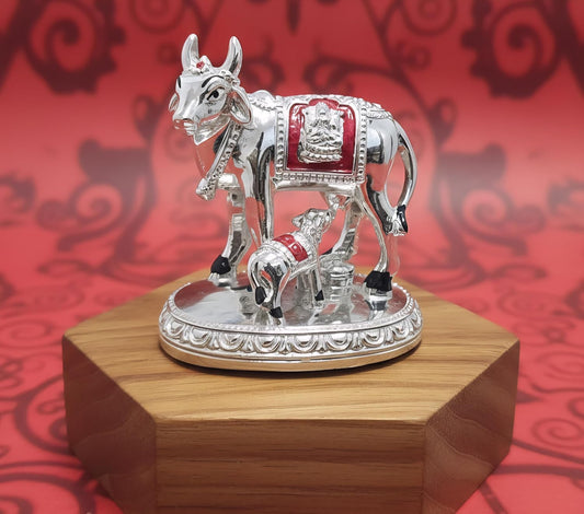 Real Silver Plated Vastu Kamdhenu Cow with Calf Idol