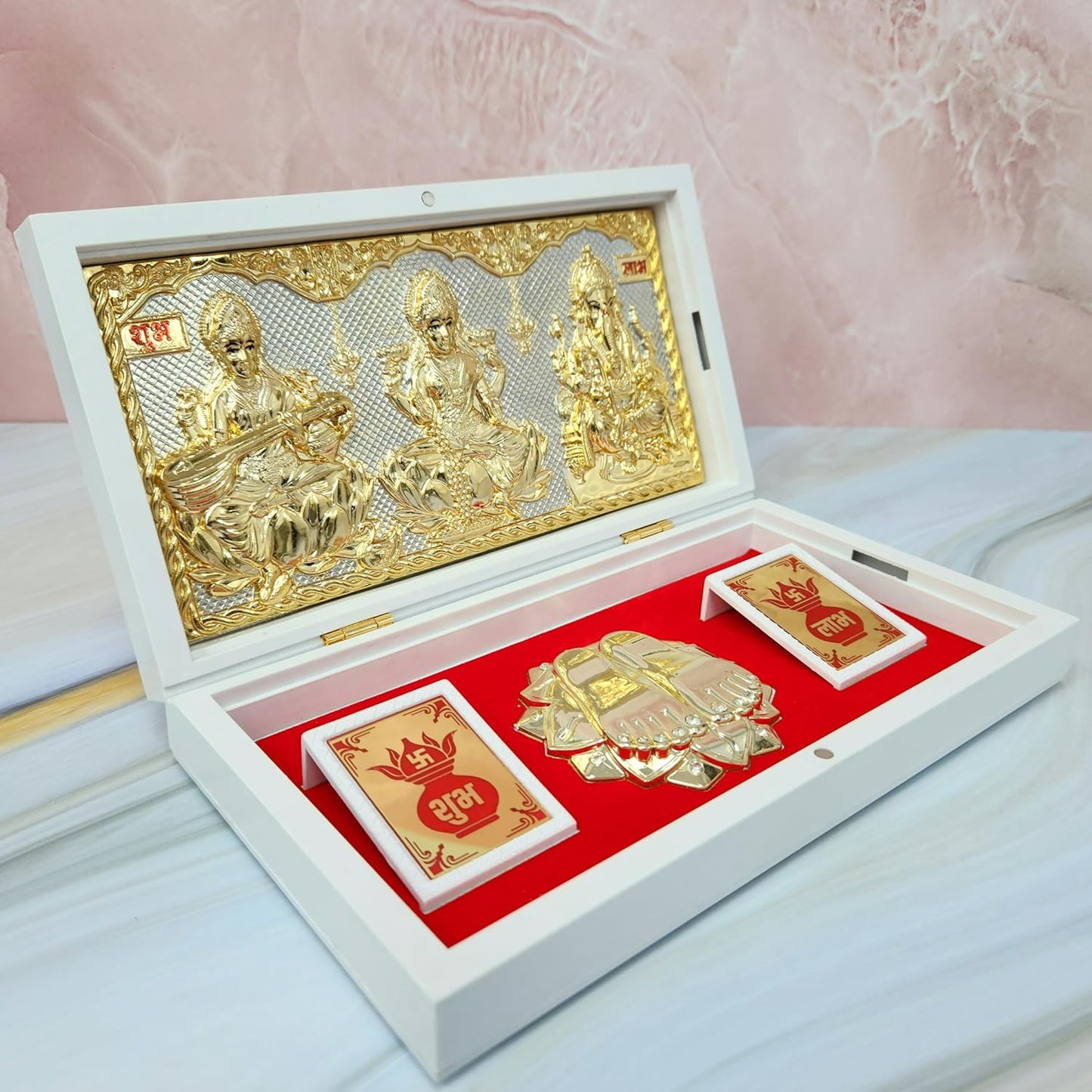 Gold Plated Lakshmi Ganpati Saraswati Photo Frame with Charan Paduka