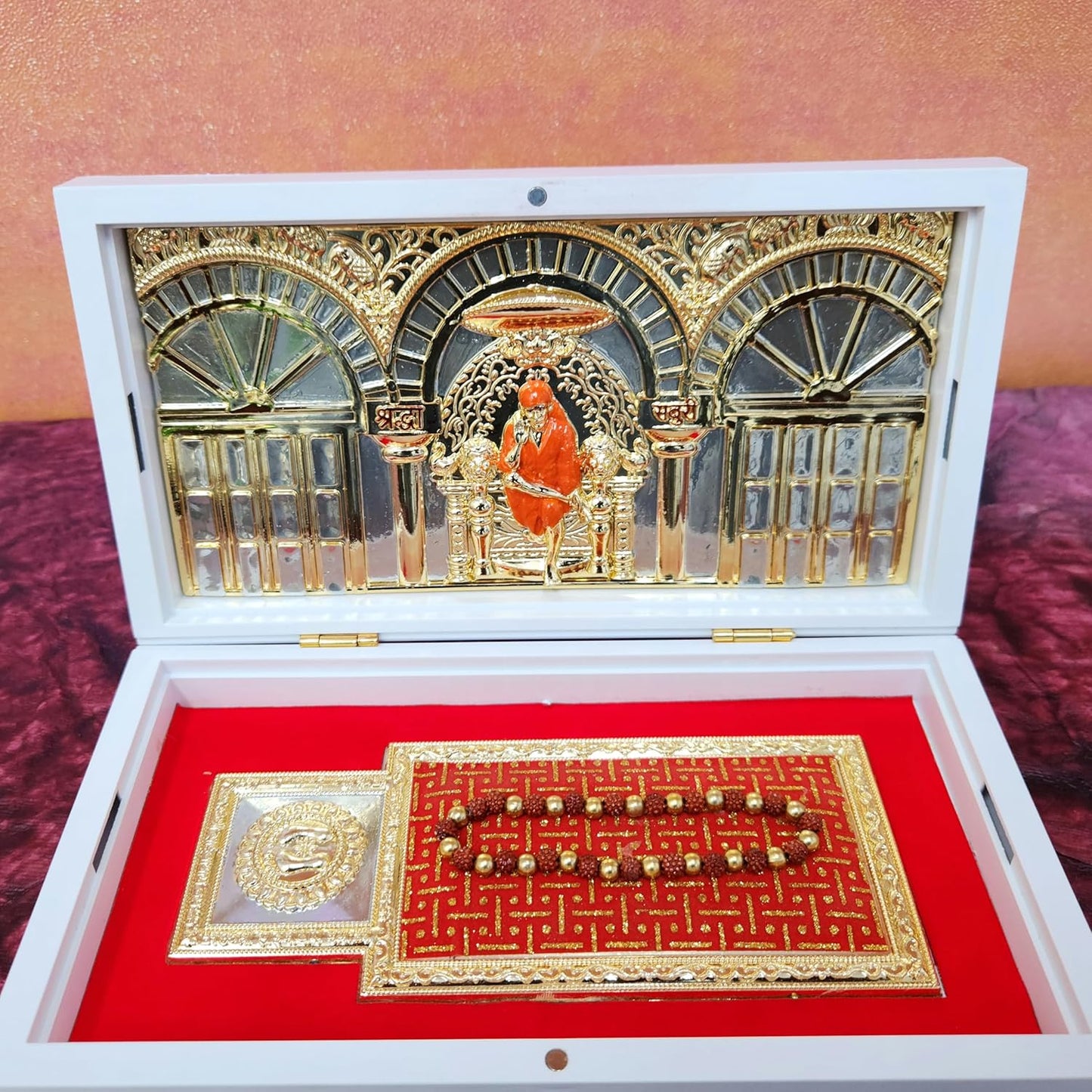 Gold Plated Shridi Sai Baba Photo Frame with Charan Paduka