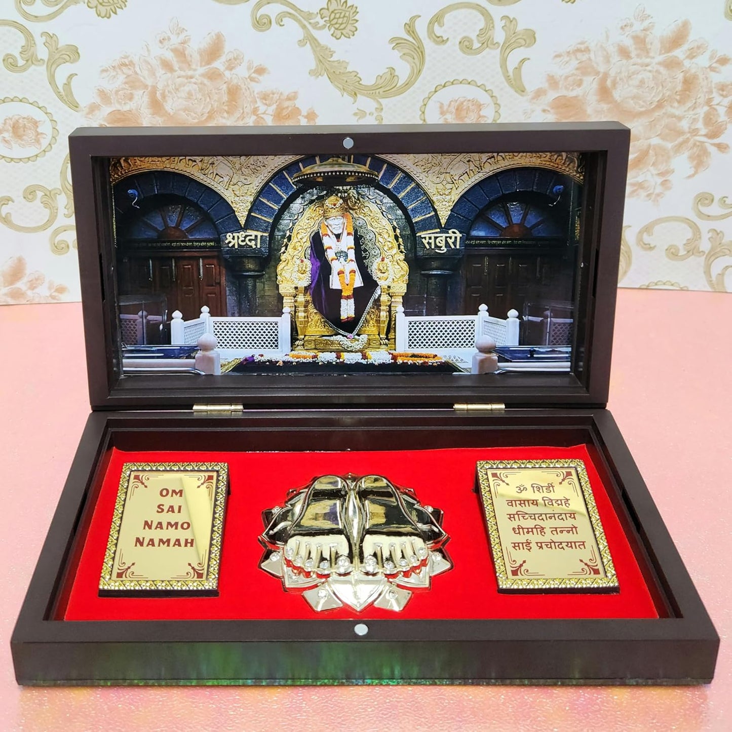Shirdi Sai Baba Photo Frame with Charan Paduka Pocket Temple