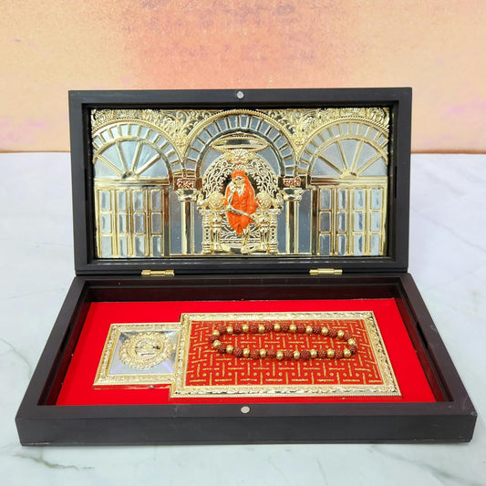 Gold Plated Shridi Sai Baba Photo Frame with Charan Paduka