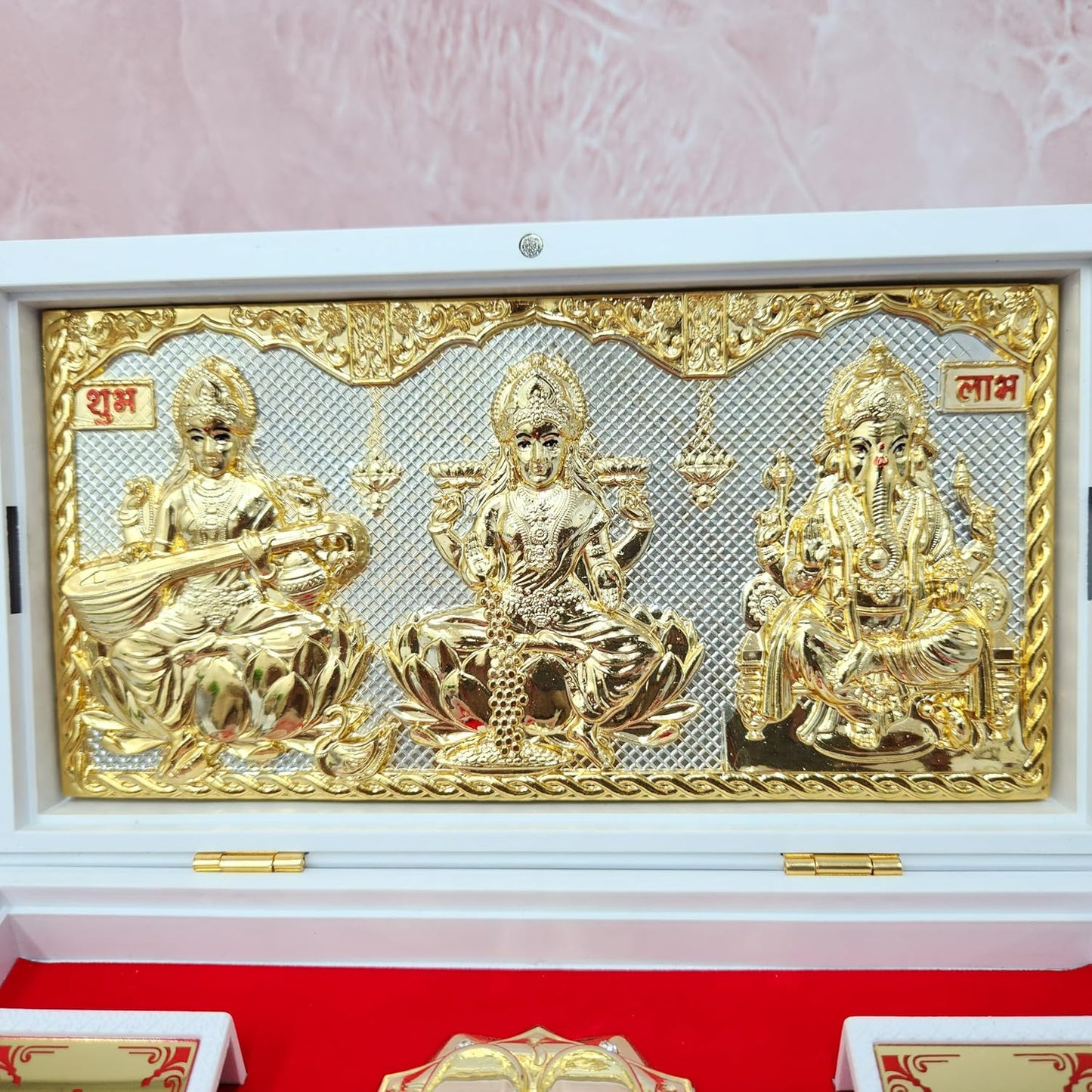 Gold Plated Lakshmi Ganpati Saraswati Photo Frame with Charan Paduka
