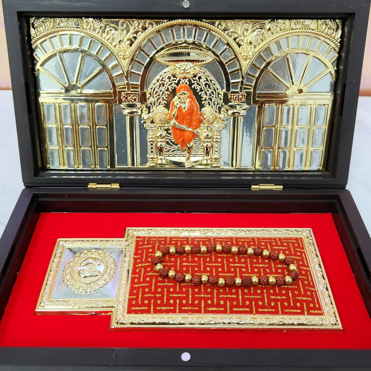 Gold Plated Shridi Sai Baba Photo Frame with Charan Paduka