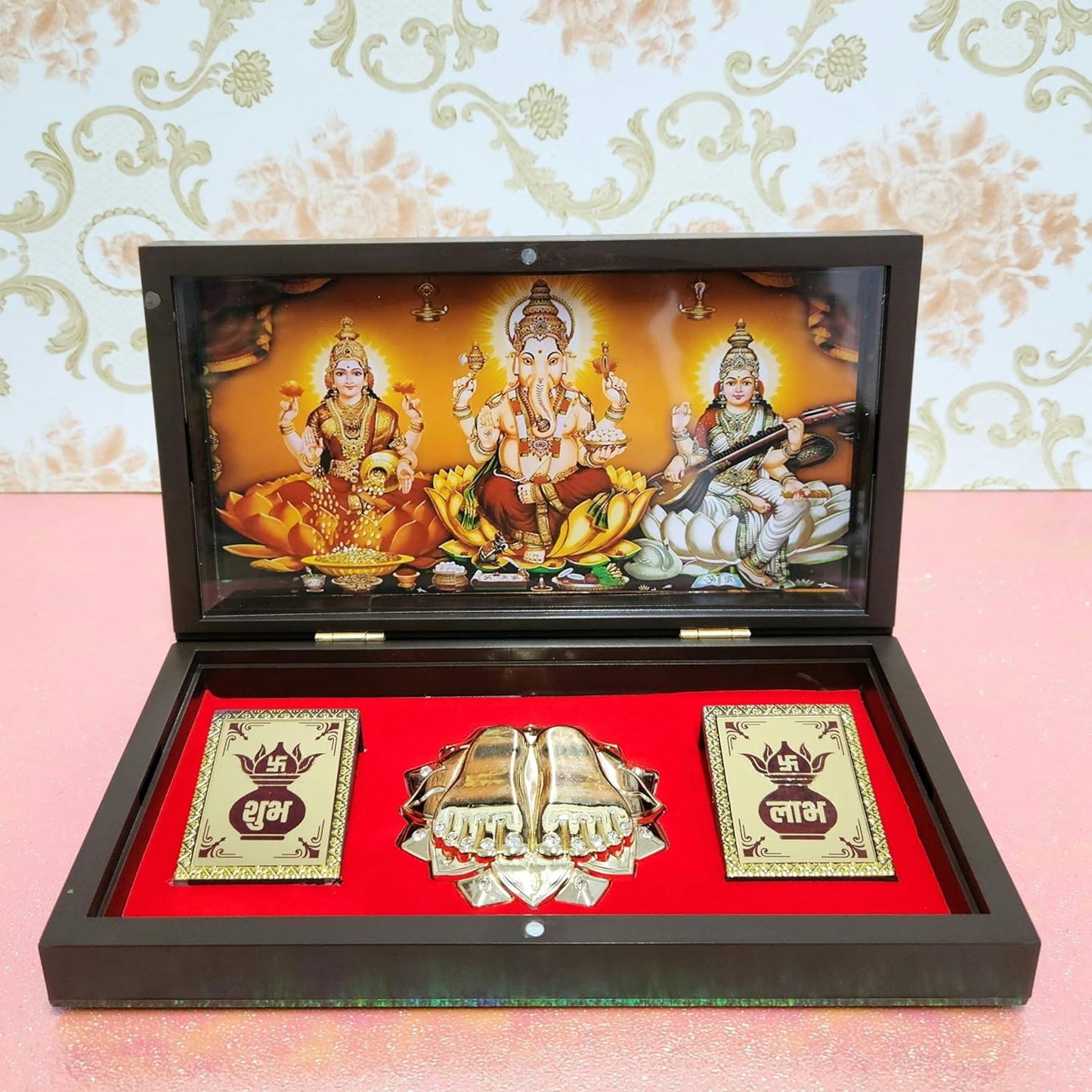 Lakshmi Ganpati Saraswati Photo Frame with Charan Paduka