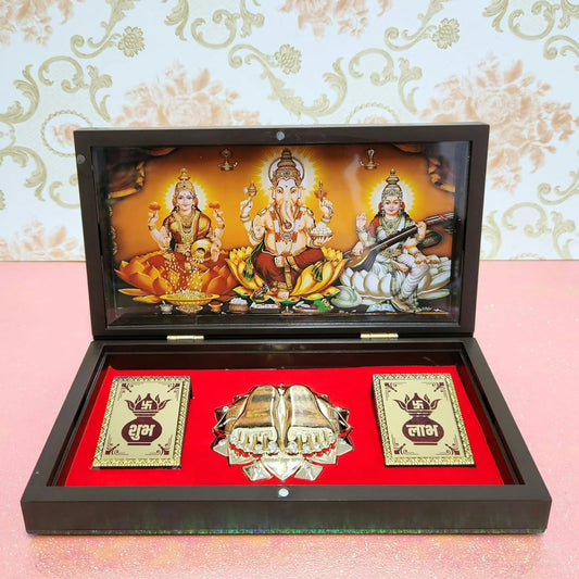 Lakshmi Ganpati Saraswati Photo Frame with Charan Paduka