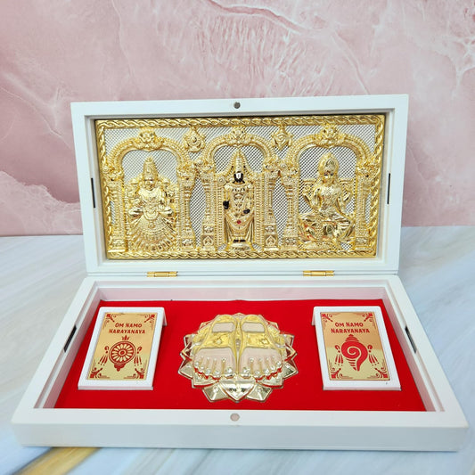 Gold Plated Tirupati Balaji Lakshmi Padmavati Photo Frame with Charan Paduka
