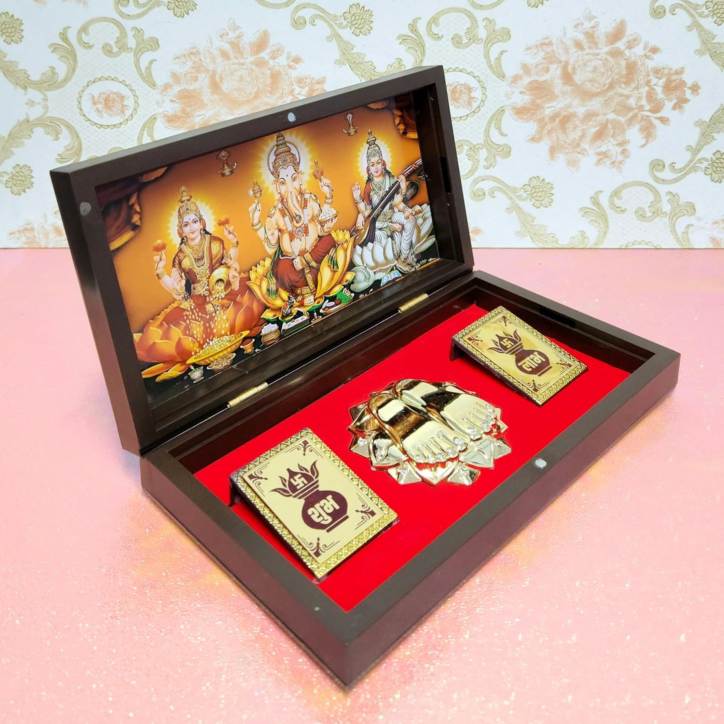 Lakshmi Ganpati Saraswati Photo Frame with Charan Paduka