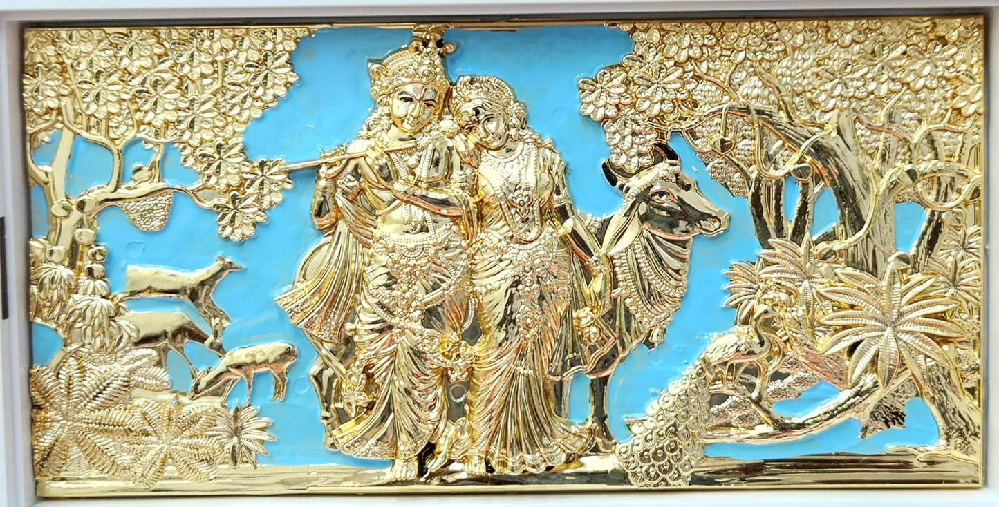 Radha Krishna Gold Plated Photo Frame with Charan Paduka Pocket Temple