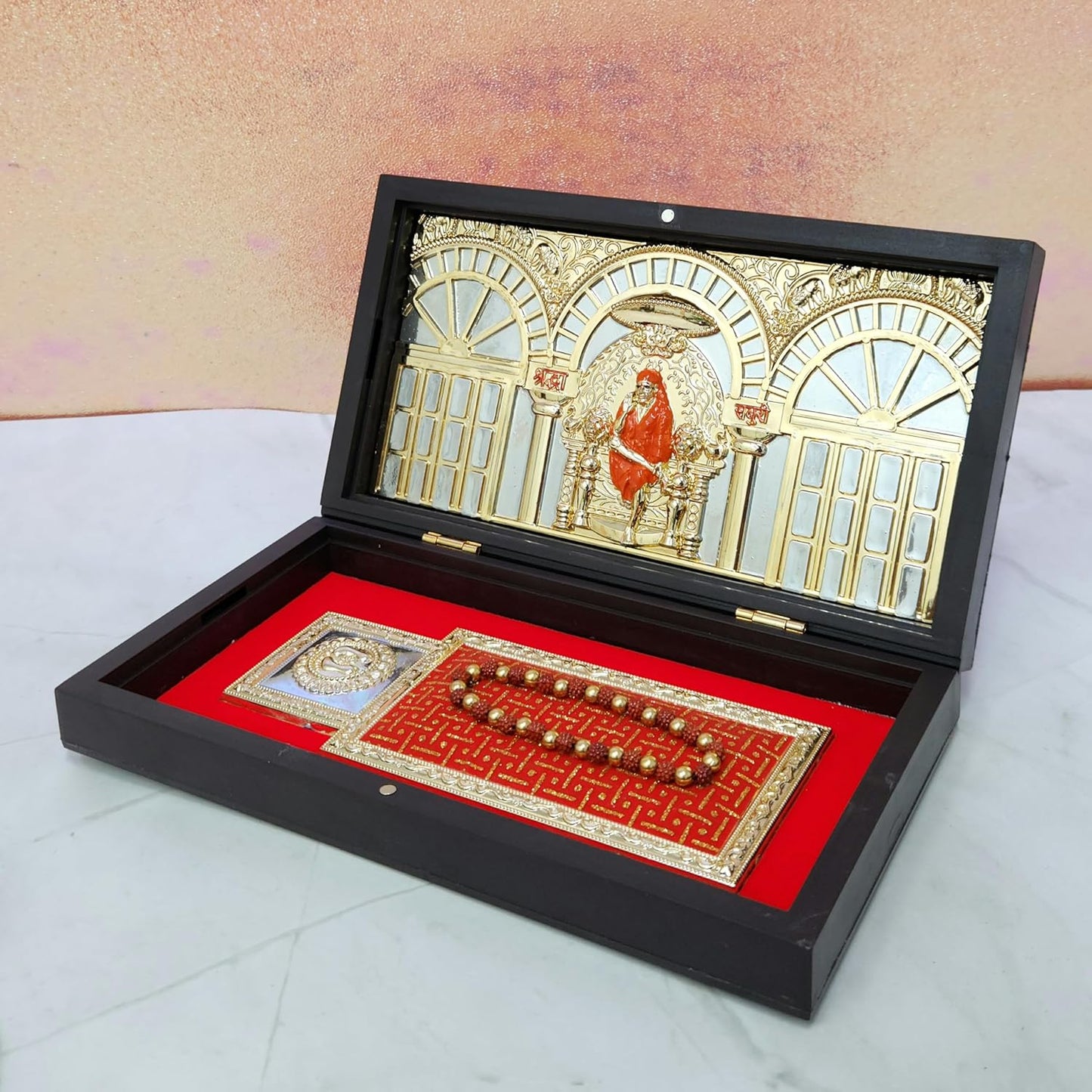 Gold Plated Shridi Sai Baba Photo Frame with Charan Paduka