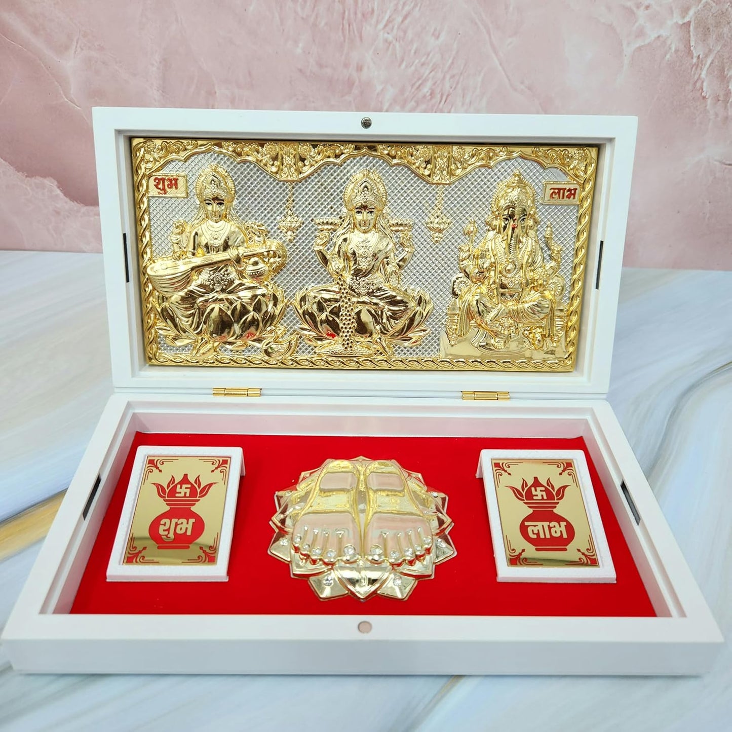 Gold Plated Lakshmi Ganpati Saraswati Photo Frame with Charan Paduka