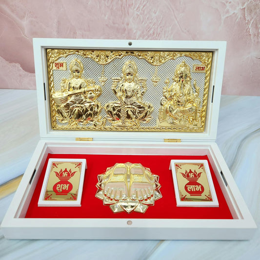 Gold Plated Lakshmi Ganpati Saraswati Photo Frame with Charan Paduka