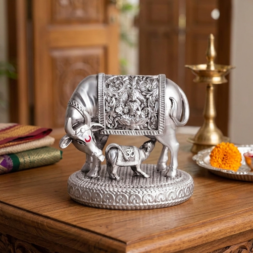 999 Silver Antique Vastu Kamdhenu Cow with Calf Idol