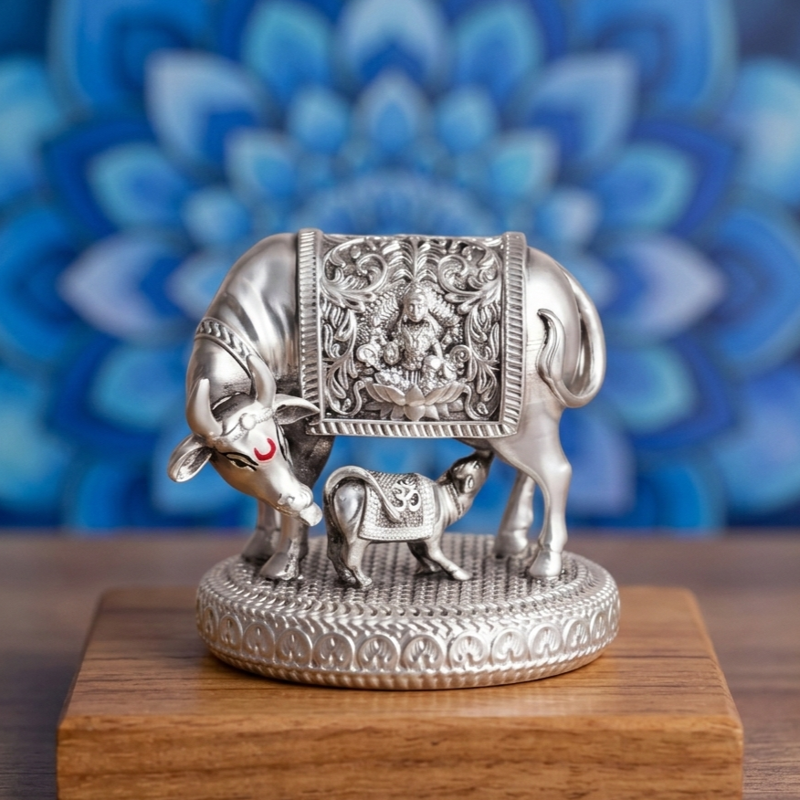 999 Silver Antique Vastu Kamdhenu Cow with Calf Idol